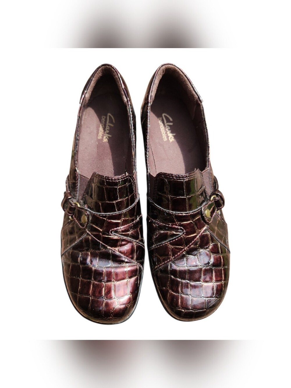 Womens Size 8M Clarks Bendables Brown Patent Croc Print Embossed Loafers Office - Picture 4 of 9